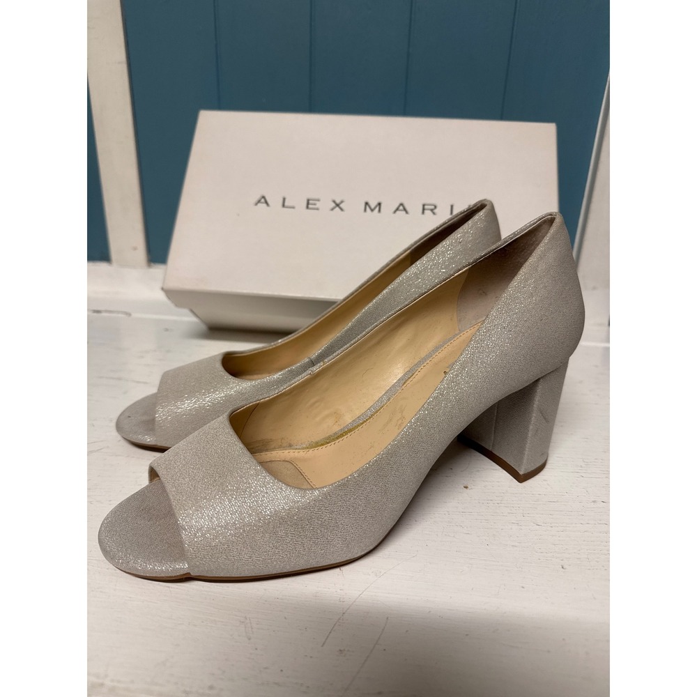 Alex Marie Nyline‎ Peep Toe Block Heels Silver Glitter Sparkle Shoes wedding
